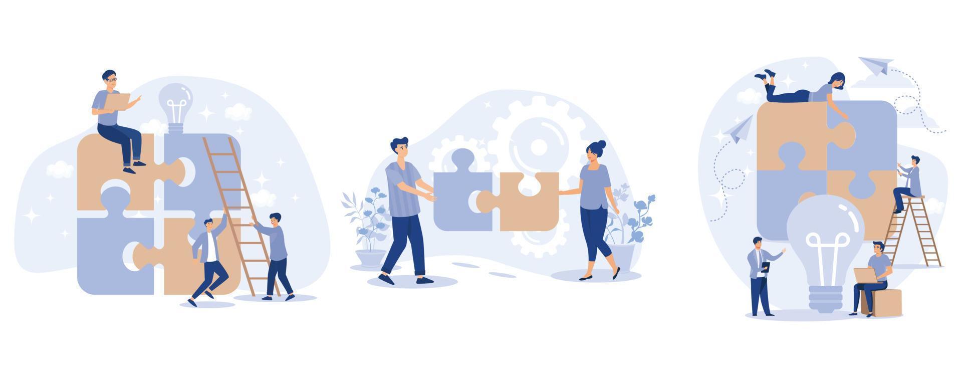 Teamwork concept. Team metaphor. People connecting puzzle elements, set flat vector modern illustration