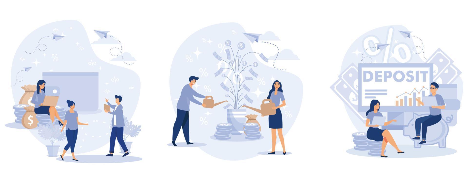 Deposit concept. Longterm money saving finance. Tiny people put money in bank safe with dollars. Bank account, banking, bank security, safety, money tree, set flat vector modern illustration