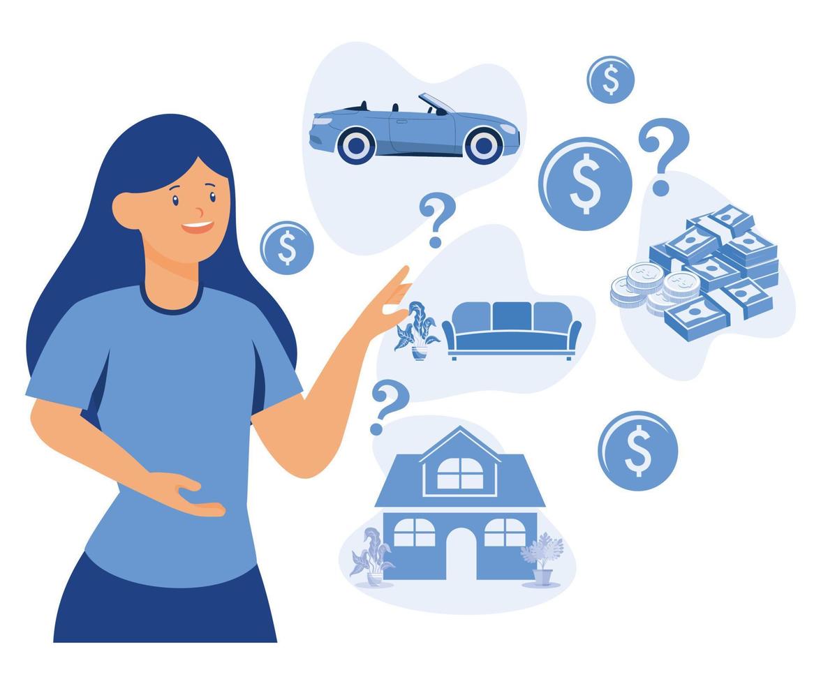 Person deciding how to spend money, planning purchases. Making choice, decision in finance concept. Woman choosing, thinking about expenses, flat vector modern illustration