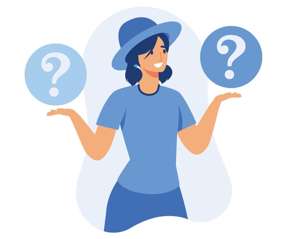 Make choice, decision concept. Puzzled business woman doubting, deciding, setting priorities. Questioned employee thinking, analyzing two options, flat vector modern illustration