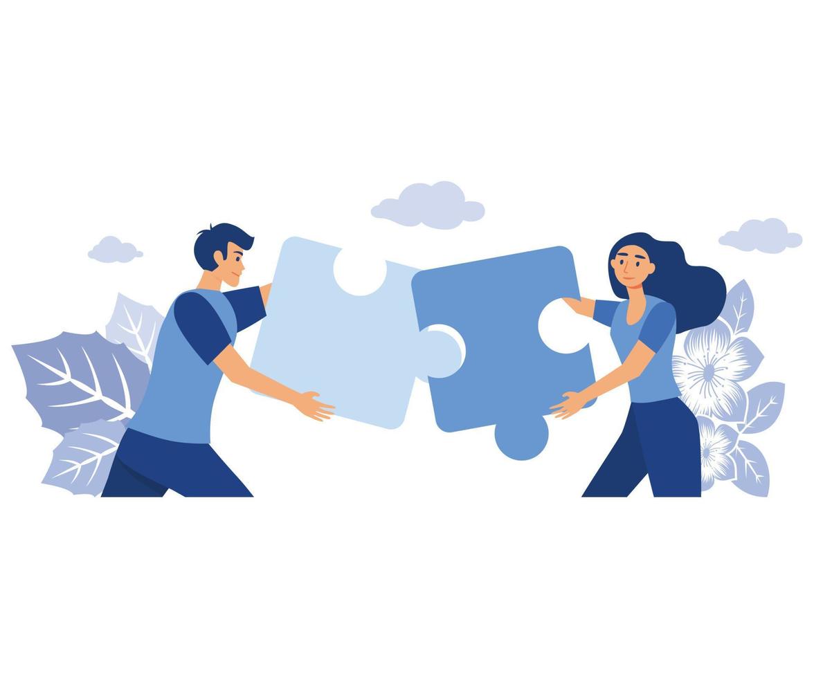 Man holding in hand puzzle element and looks for a solution to assemble  last jigsaw piece. Concept of project finishing, work solutions, suggestion  of creative ideas. Flat style vector illustration. 4737057 Vector