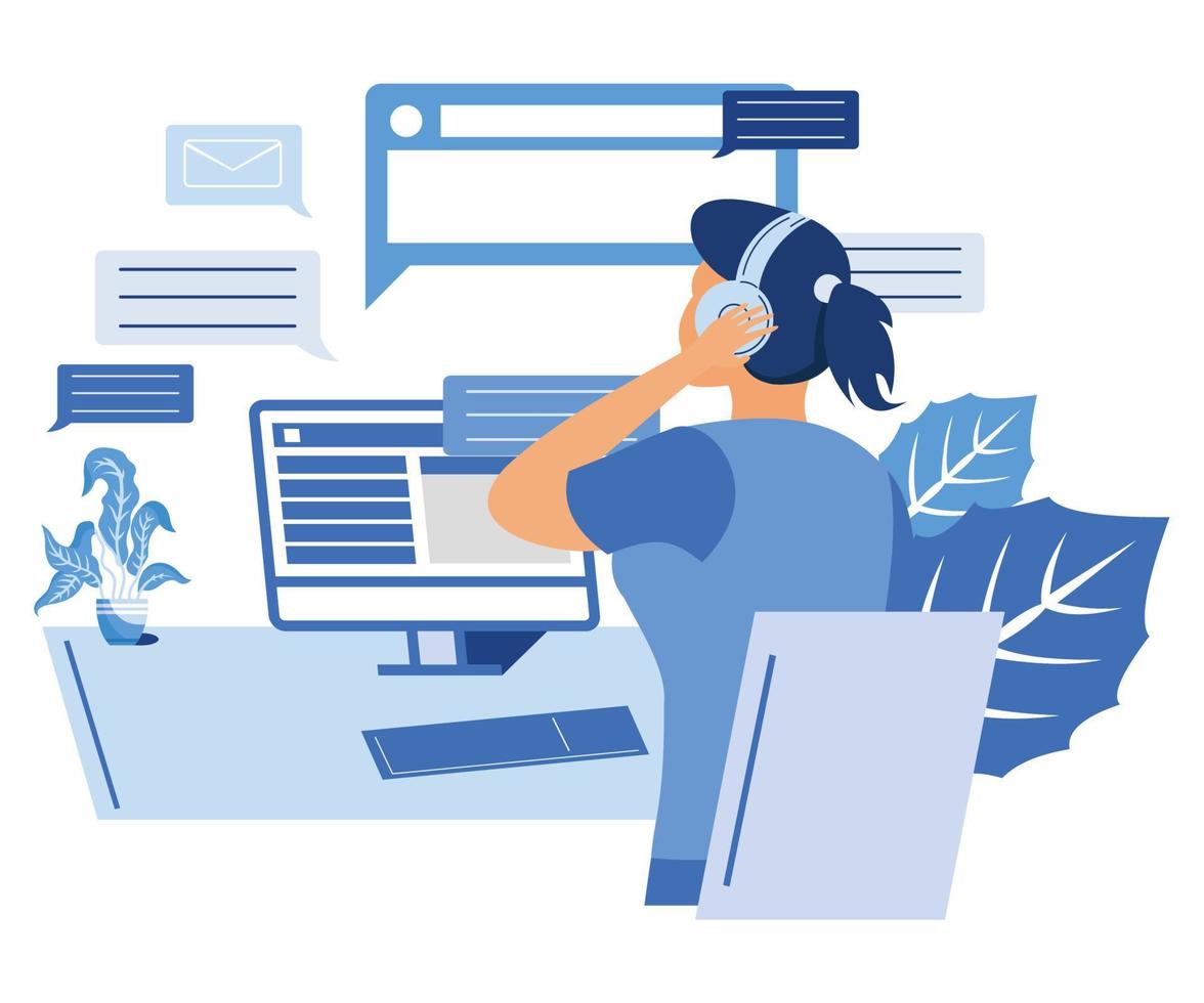 Work in call center, support service, hotline. Operator in headset talking to customers, business clients, helping and consulting online, flat vector modern illustration