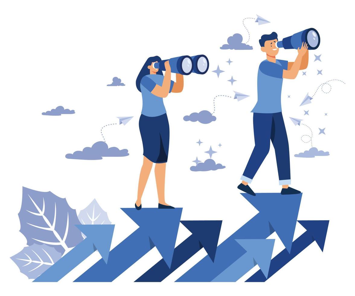 teamwork vision path goal success. study horizons company work finding ways develop. people stand profit, growth arrows look binoculars, flat vector modern illustration