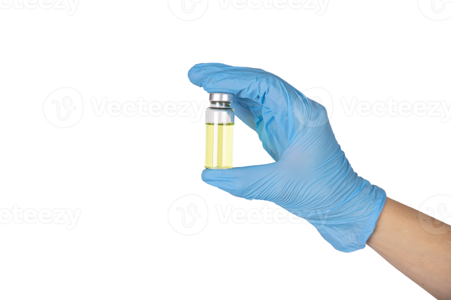 A doctor's hand in medical gloves holds a vaccine vial. Transparent background. png