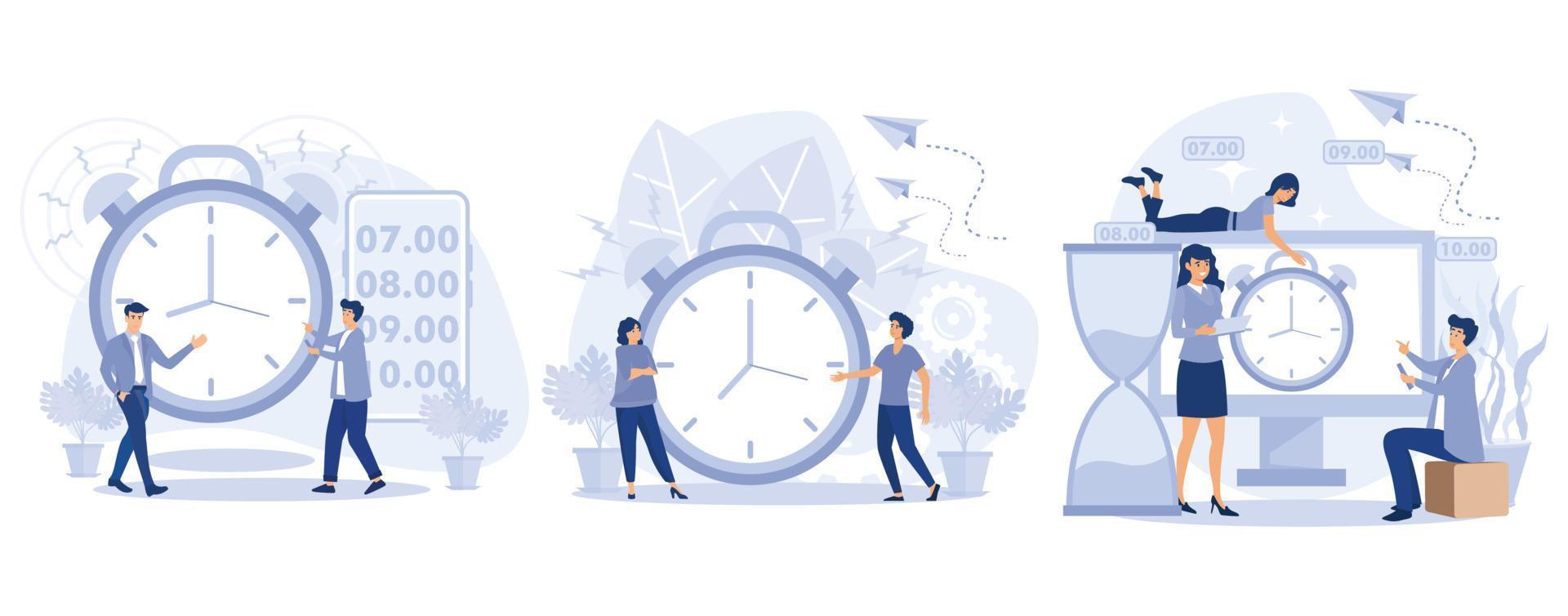 Alarm clock rings. Wake up. Good morning concept. Tiny people wake up in morning and follow routine of day. Beginning of new day. set flat vector modern illustration