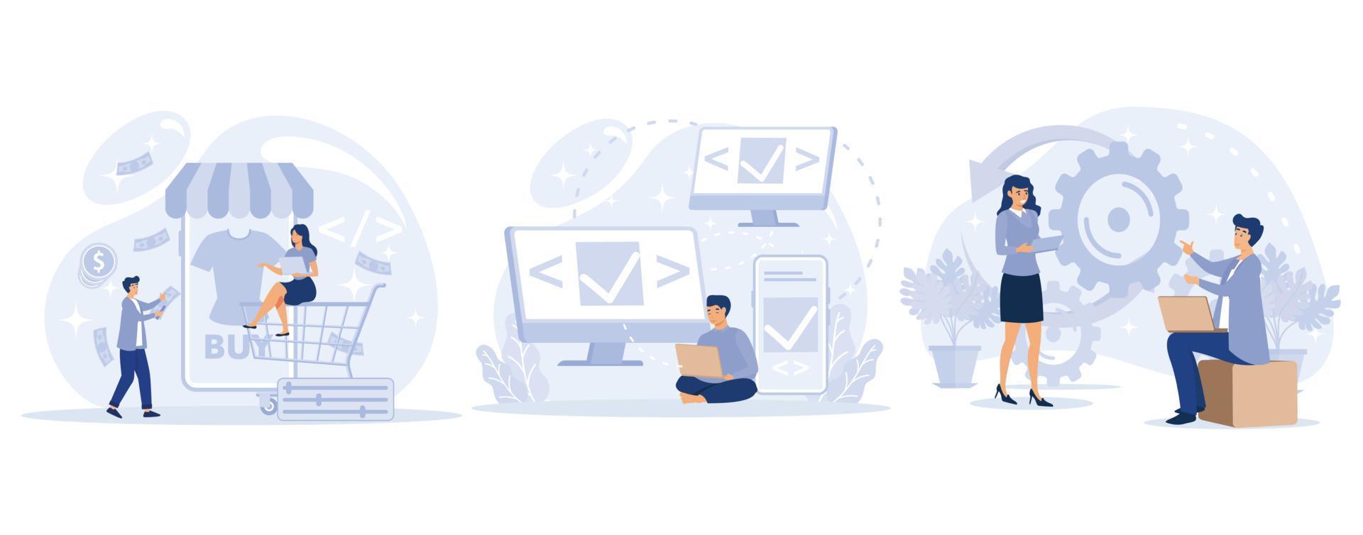 Remote developers team concept,  E-commerce development, cross-platform, dedicated team, web application, software environment, operating system, set flat vector modern illustration