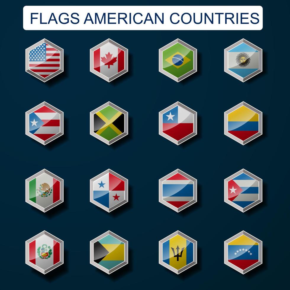 Flags of American countries in Hexagon Button. Set of flags American countries vector