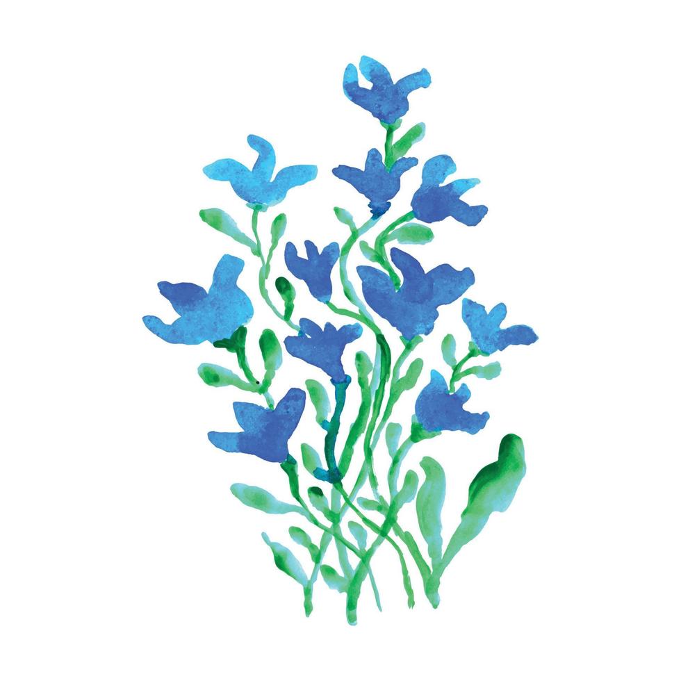 A watercolor painting of blue flowers with green leaves. Colorful watercolor flower design vector