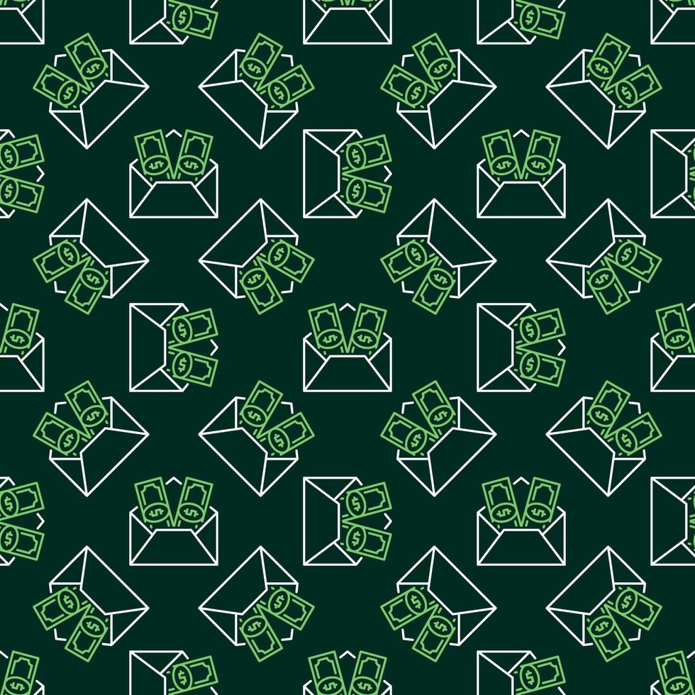 Envelope with Dollar Money vector line green seamless pattern