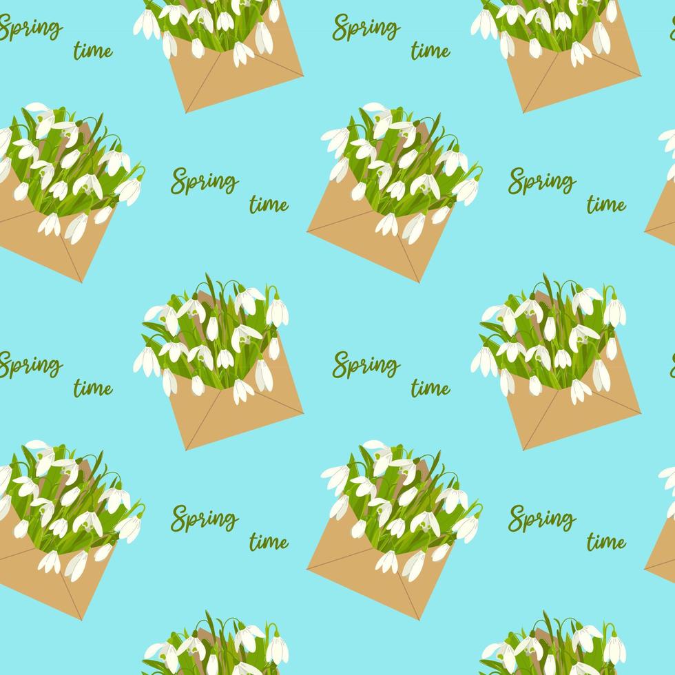 Floral seamless pattern with snowdrops in envelope and quote Spring time on blue background. Flat vector