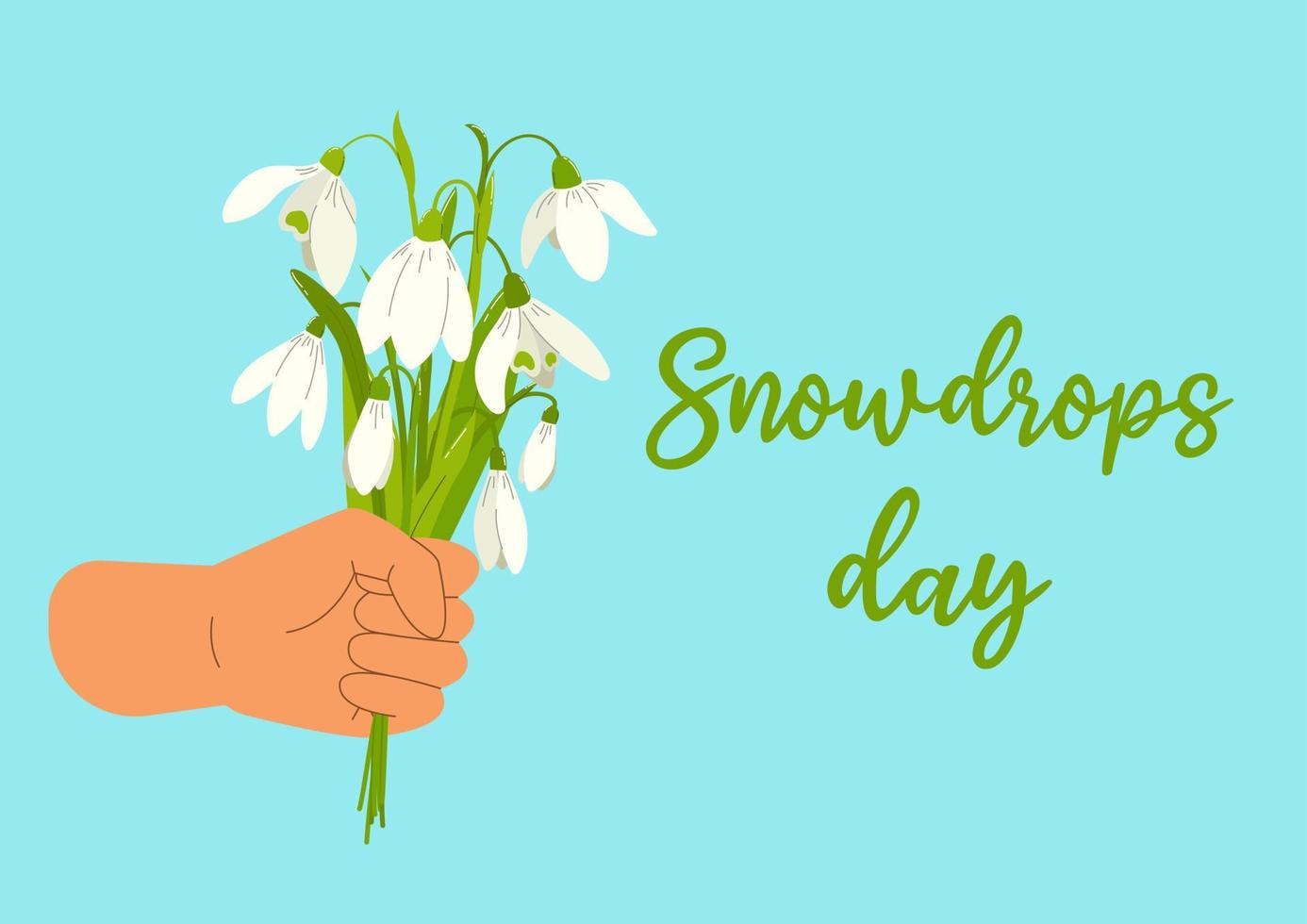 Spring rectangular background with the hand holding the bouquet of snowdrops and quote Snowdrops day in flat style vector