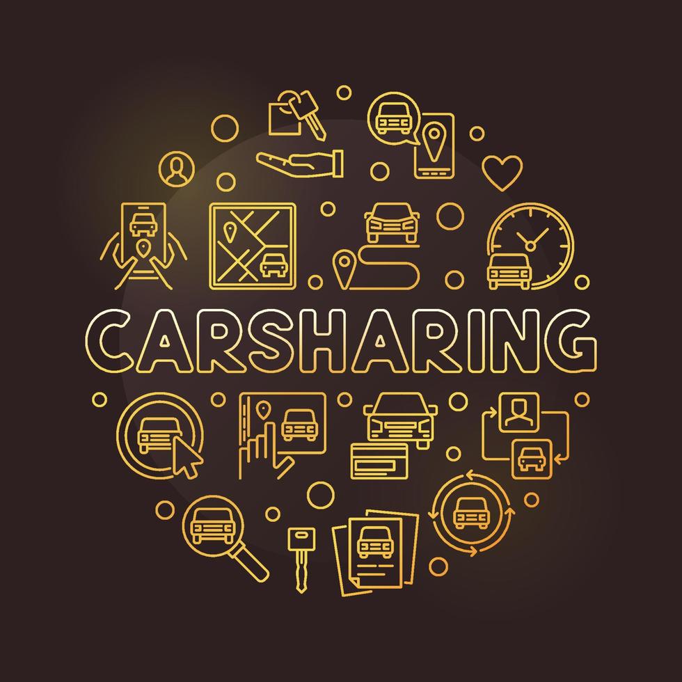 Carsharing concept round golden linear illustration - Car Sharing vector round banner