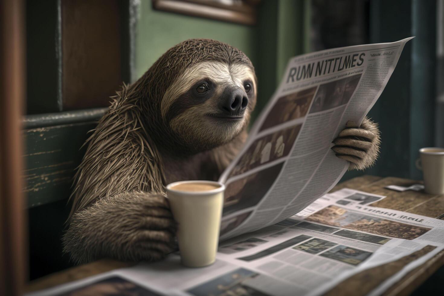 Sloth reading newspaper. . photo