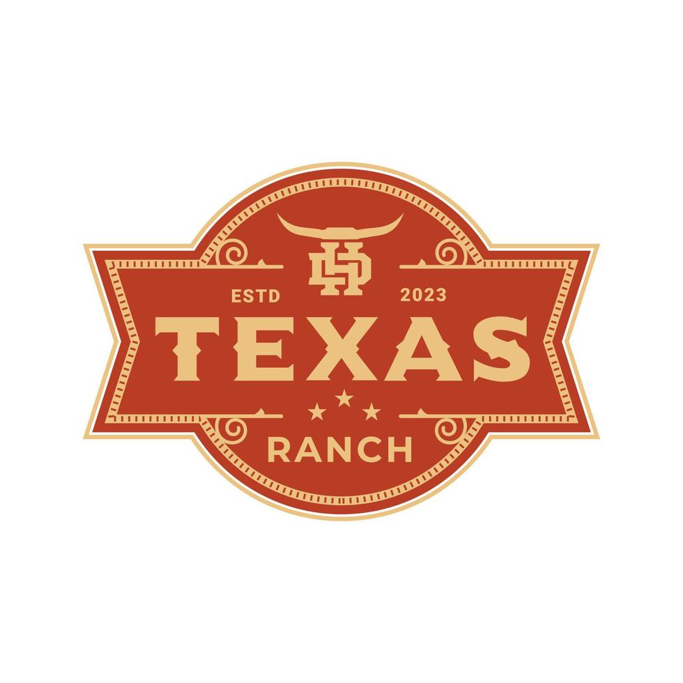 Clásico retro rancho Texas familia cuerno largo, occidental estado toro vaca. letra d,h Clásico etiqueta logo diseño emblema, vector