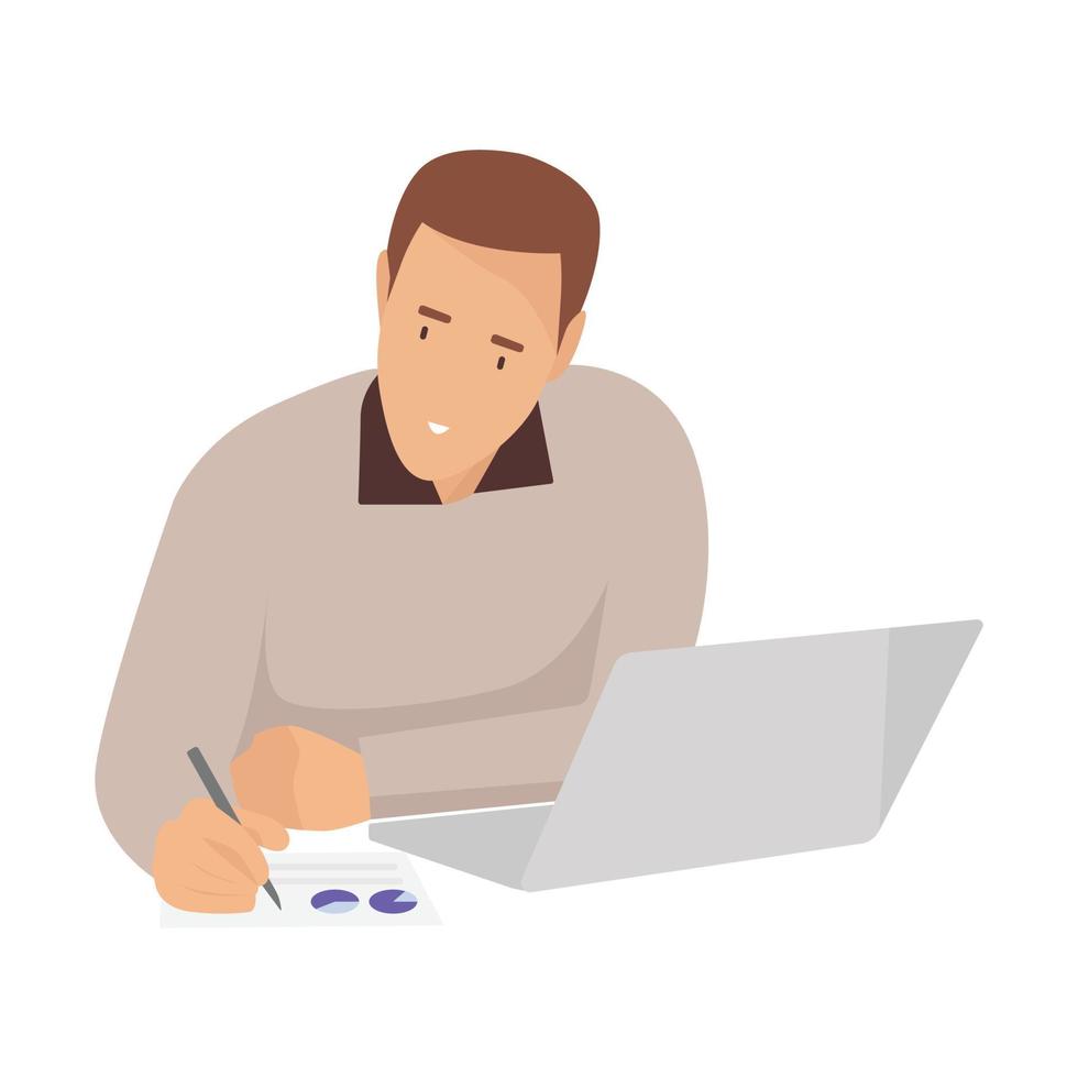 un joven profesional trabajando en frente de ordenador portátil y escribir alguna cosa en su empresa informe. vector