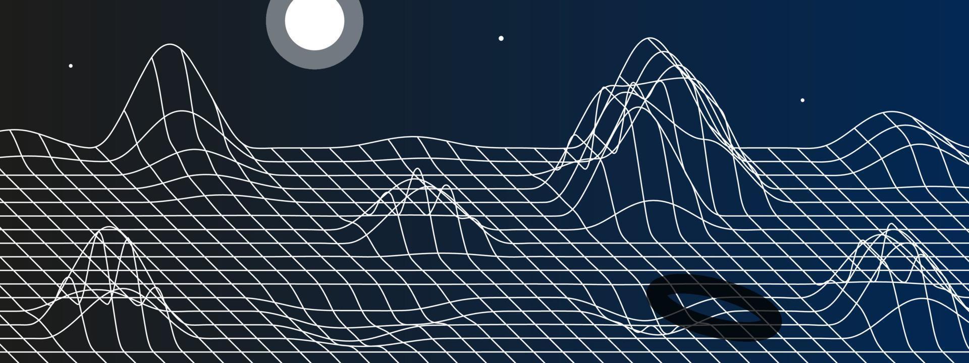 Digital space landscape with mountains, moon and stars. Vector illustration of linear mesh and abstract shape. Perspective grid with convex distortions in the form of mountains. Night background.