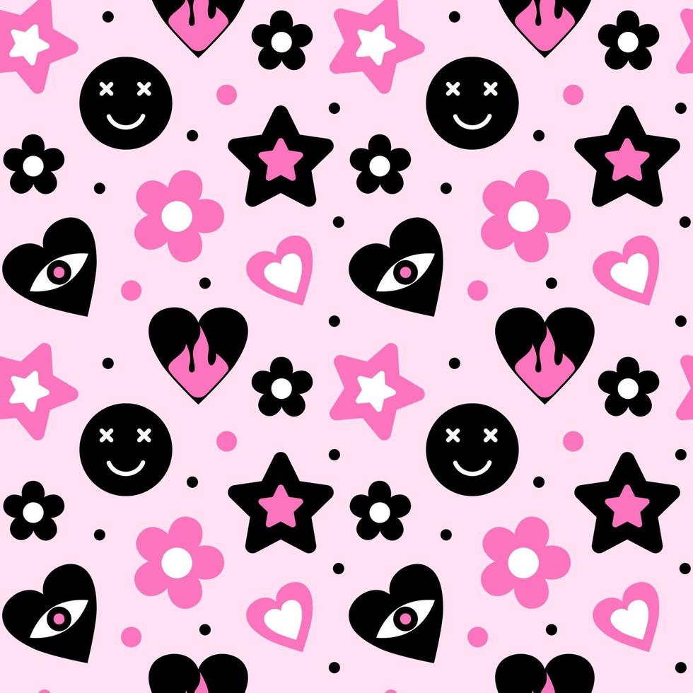 Background with pink and black hearts, stars, smileys and flowers. Seamless Pattern. Vector illustration.