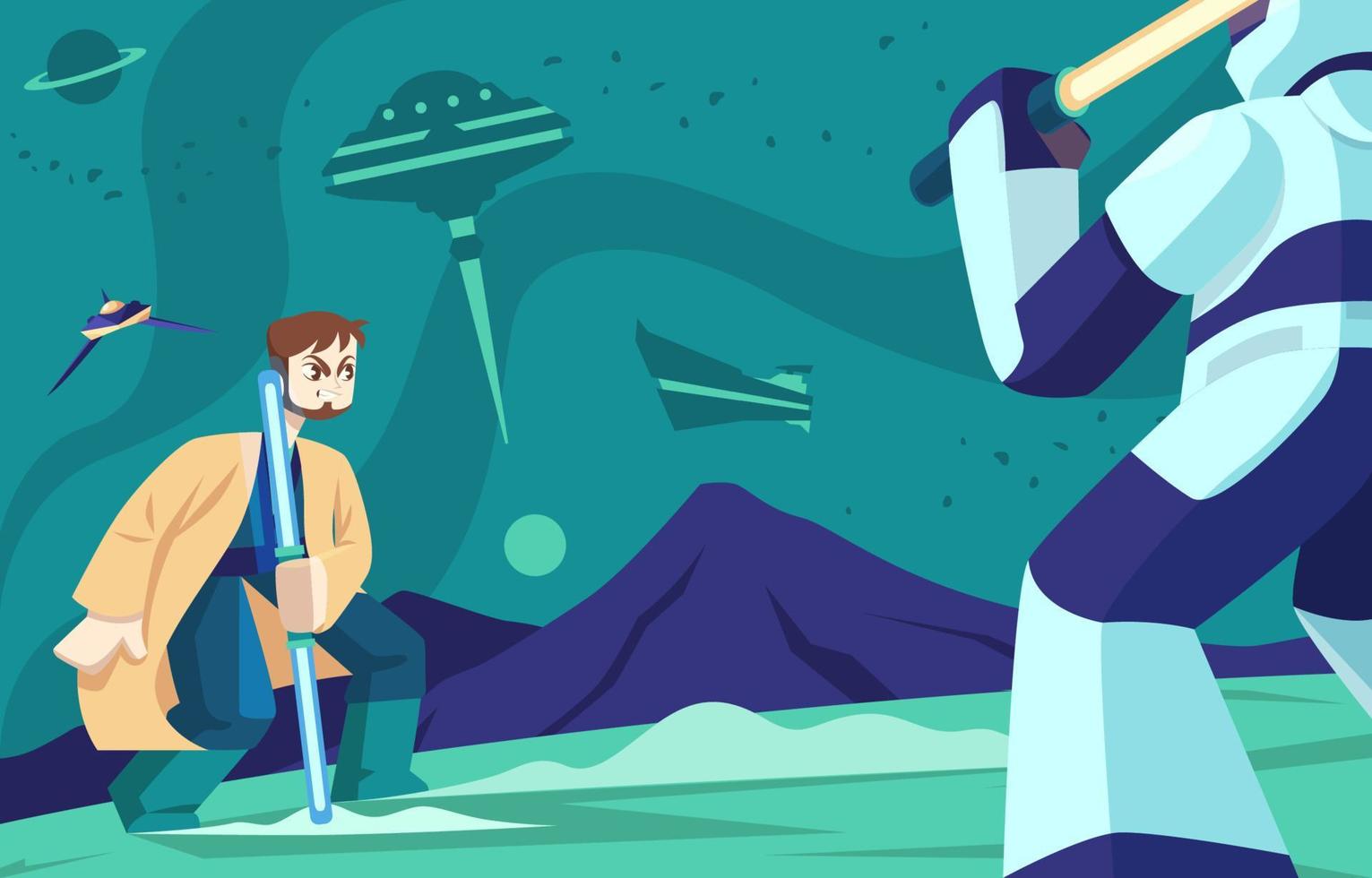 Space Battle with Man Using Light Saber vector