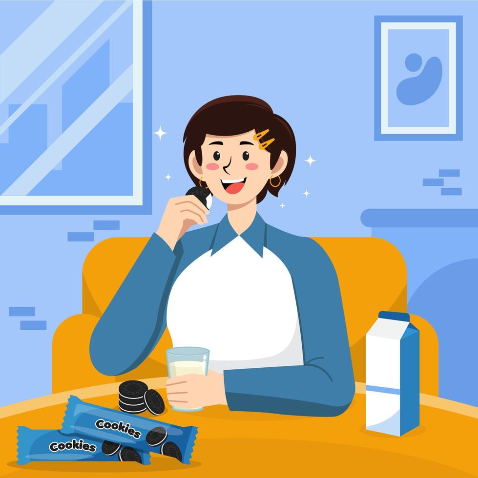 Woman Eating Delicious Cookies with Milk vector