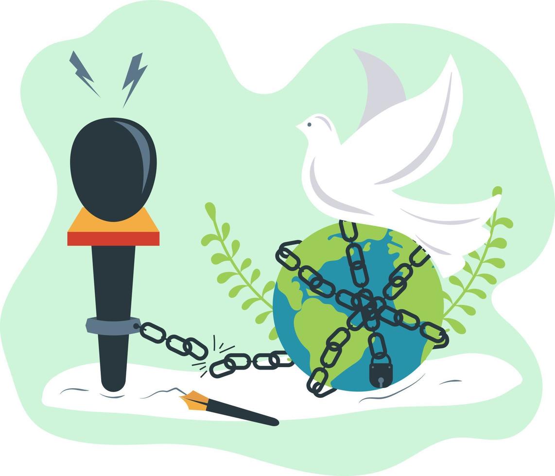 prensa libertad día ilustración como micrófono con roto cadenas bloqueado alrededor el globo y paz paloma en parte superior vector