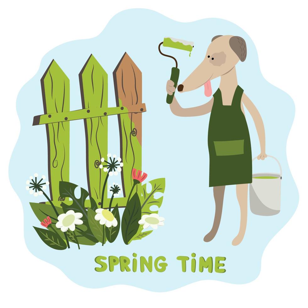 The dog is preparing for spring and is painting the fence. Gardening. Clipart, sticker. Spring time vector