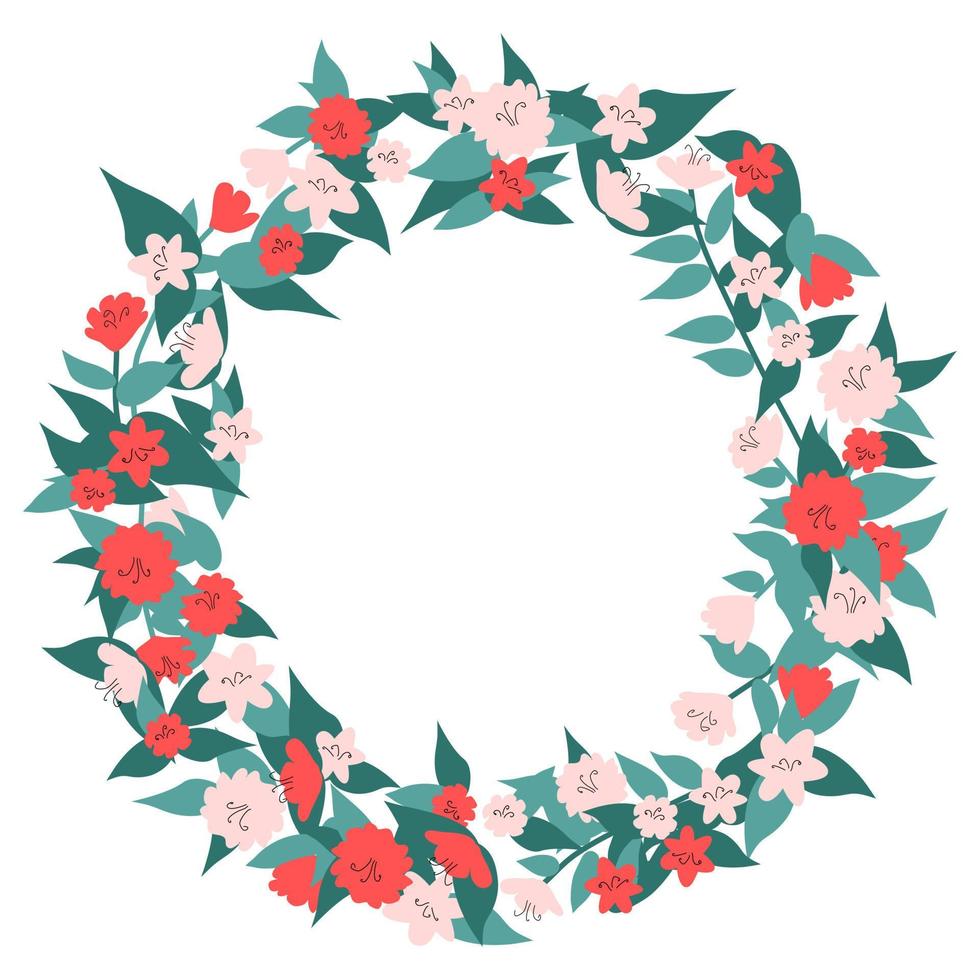 Flower wreath with space for text. Spring or summer holiday greetings concept wedding decoration. Modern style vector illustration with typography. Template for a postcard, social media post or cover.