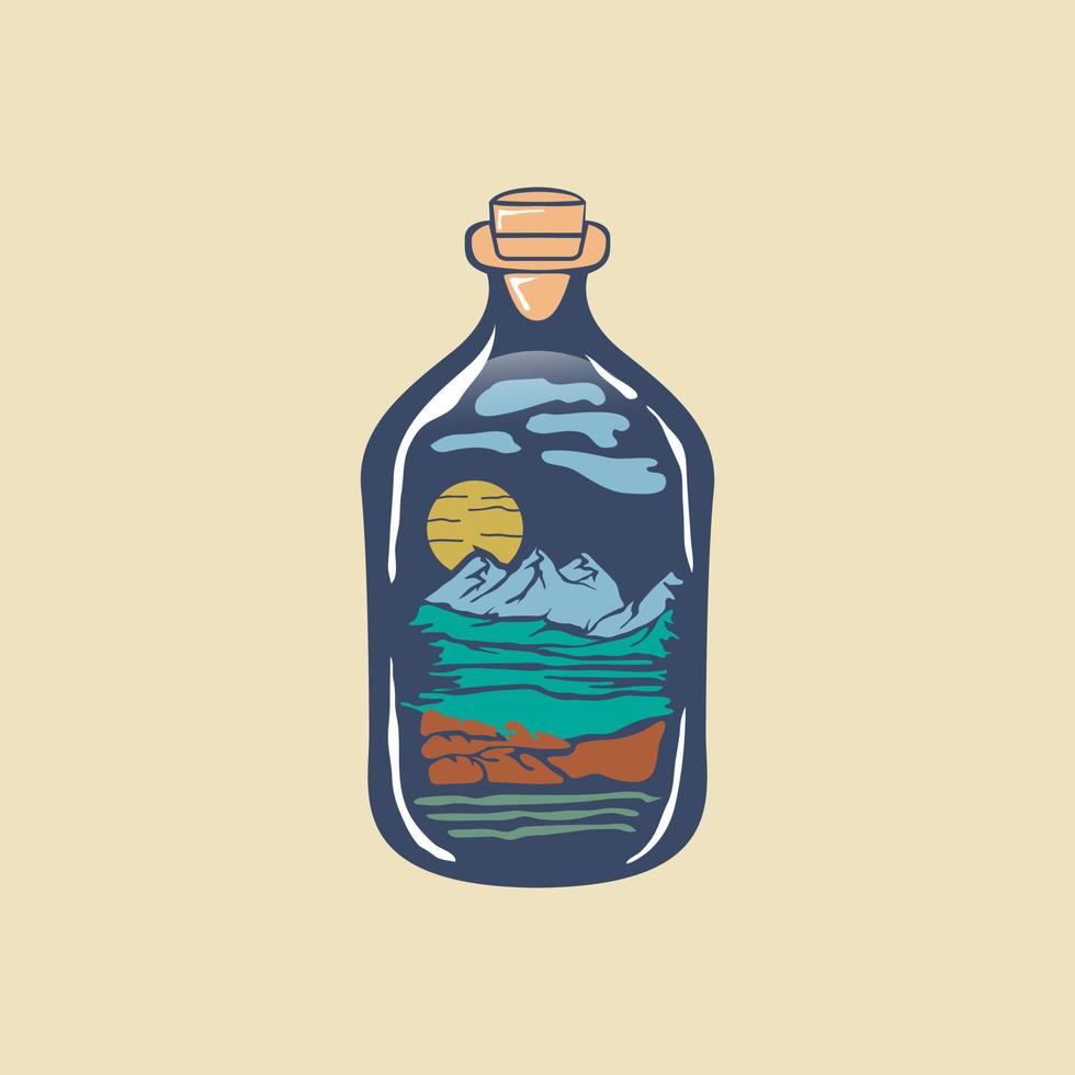 Hand drawn magic bottle for witchcraft, magical boho illustration, vase with mountains and moon inside.T-shirt and vector logo.