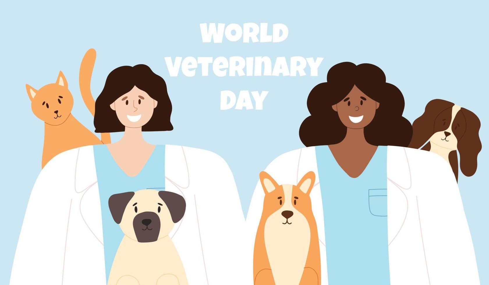 Happy veterinarians with happy cat and dogs. animal care vector illustration. flat style. Women veterinarian. Banner for World Veterinary Day.