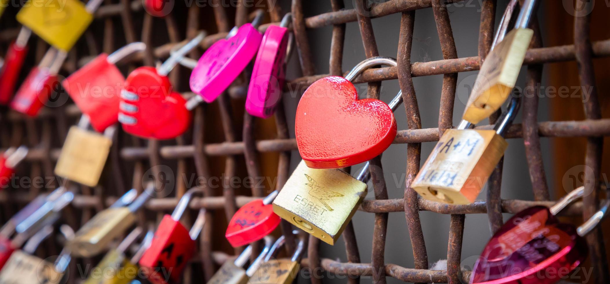 Love locks, concept for engagement, happiness, marriage and romantic relationship photo