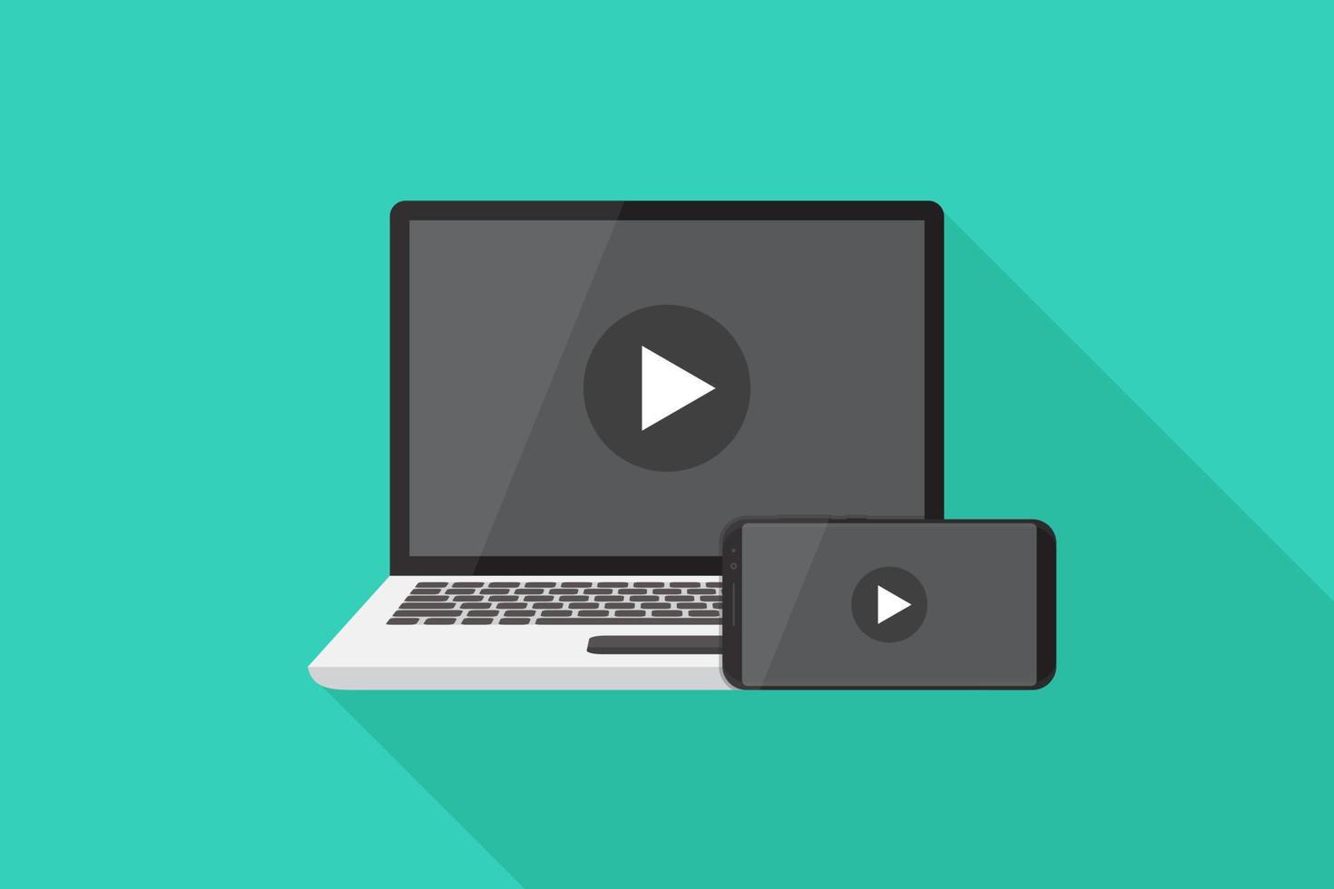 Laptop and smartphone video player on screen, flat design vector illustration