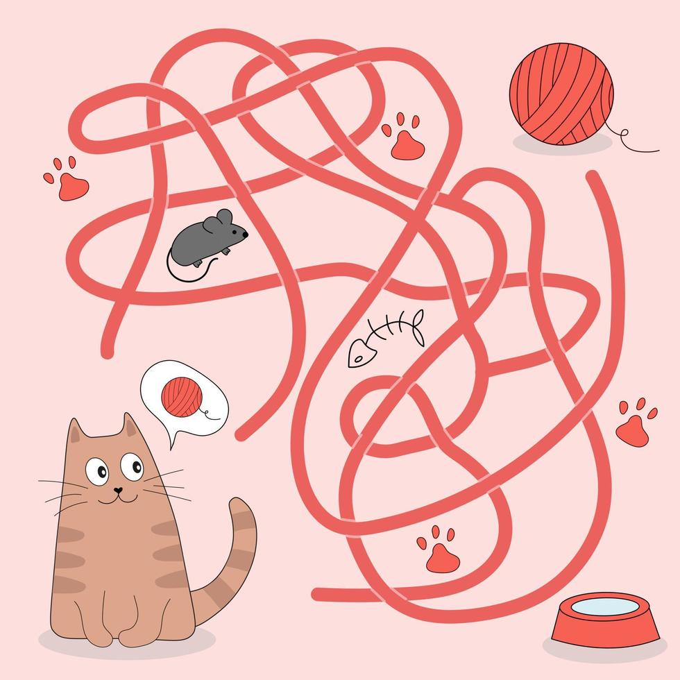 Help cute cat find path to ball of thread. Labyrinth. Maze game for kids. Messy line children logic game. Confusing path lines vector illustration.