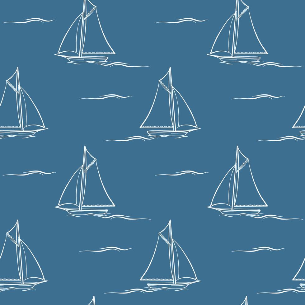 Sailboat and wave. Seamless pattern with cartoon boats. Vector texture.