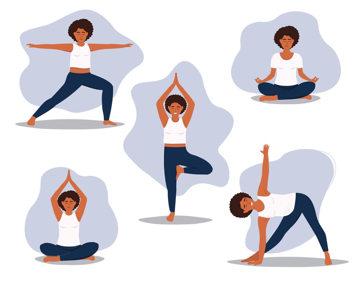 Set of yoga poses. The girl does asanas, gymnastics. Active activity for health, flexibility, balance. Vector graphics.