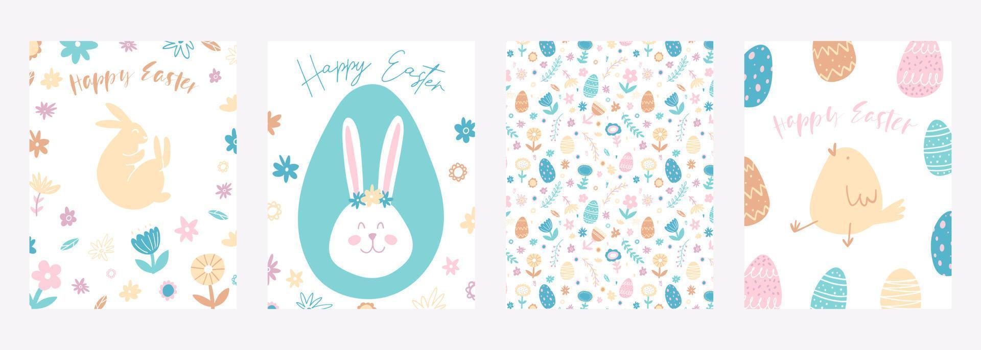 Set of Happy Easter greeting cards. Hand drawn colorful plants, bunny, chicken, eggs in modern minimalist style vector