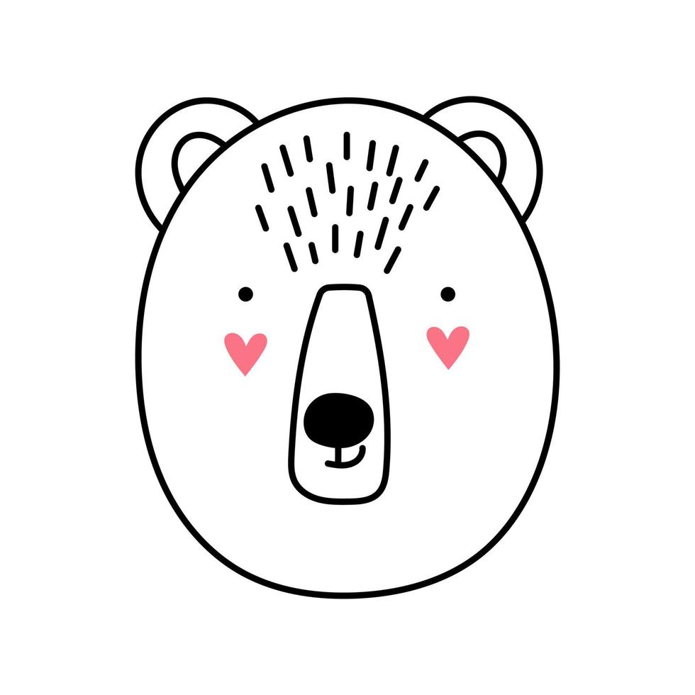 Cute Bear Face with hearts. Cartoon Muzzle Bear. Vector illustration in doodle style. Element for print, postcard and poster isolate on white background.