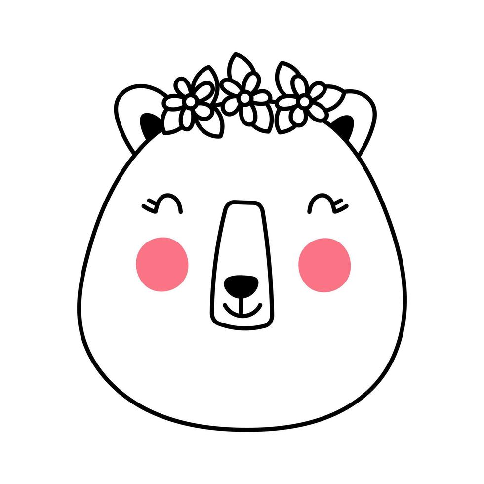 Cute girl Bear Face. Cartoon Bear. Vector illustration in doodle style. Element for print, postcard and poster isolate on white background.