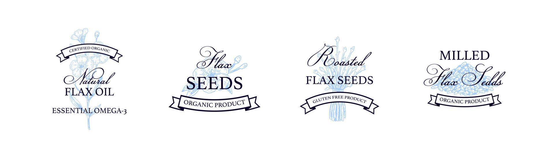 Flax logo template with hand drawn element. Vector illustration in sketch style. Design for linen products, seed, oil, packaging
