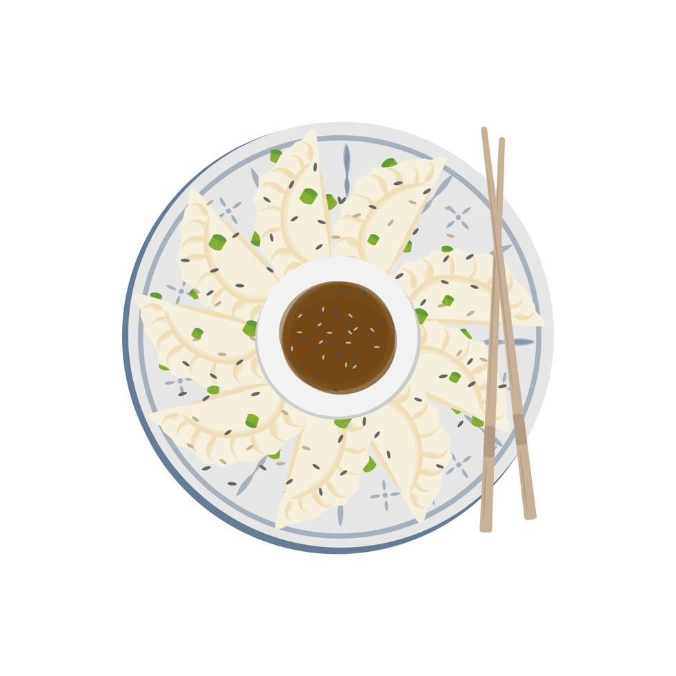 ilustración logo de gyoza jiaozi empanadillas en un plato en un giratorio arreglo con soja salsa en el medio vector