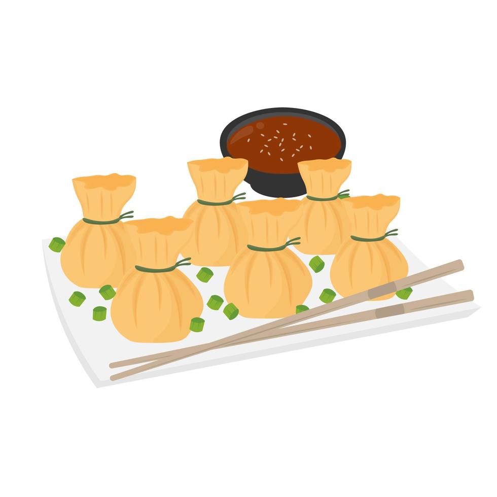 Logo Illustration of Fried Dim Sum Money Bag Dumplings Served On A Plate With Sauce vector