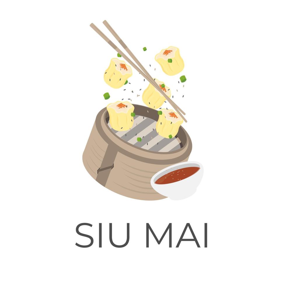 logo ilustración de shumai siu mai siomai empanadillas en un bambú buque de vapor con salsa vector