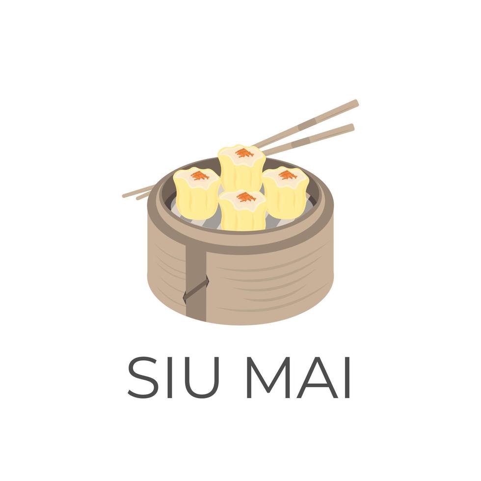 Logo Illustration of Dumpling Shumai siu mai siomai in a bamboo steamer ready to eat with chopsticks vector