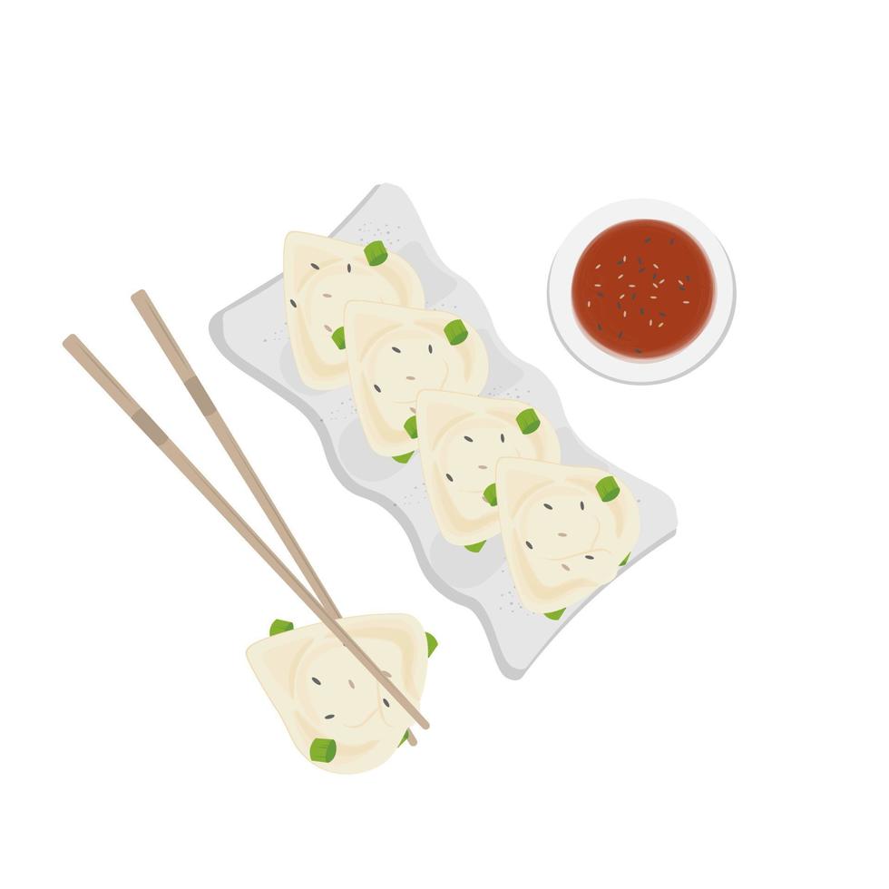 logo ilustración de Szechuan Wonton empanadillas en un plato con salsa vector