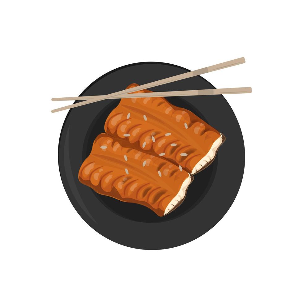 ilustración logo de japonés kabayaki unagi A la parrilla Anguila rebanada en un negro plato vector