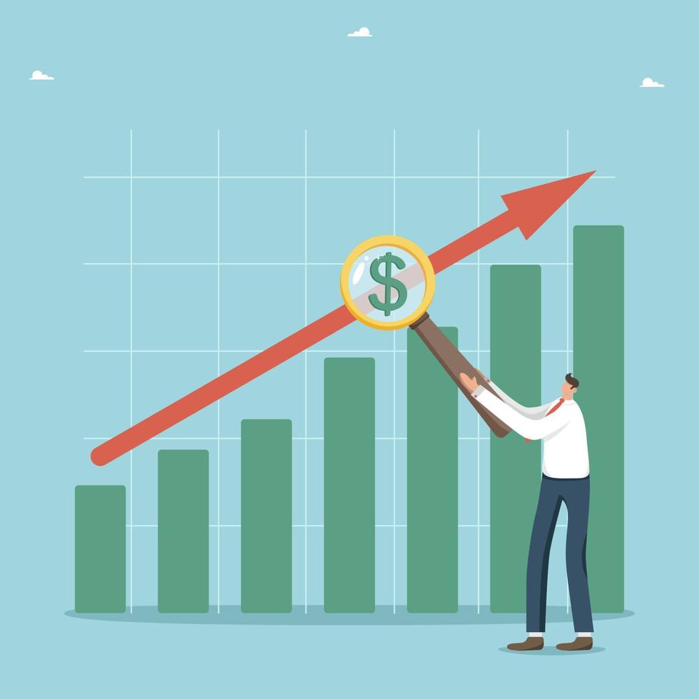 Growth of the stock and currency market, increase in investment profit and sales income, progress and development of economic and business , a man with a magnifying glass next to a growing graph. vector