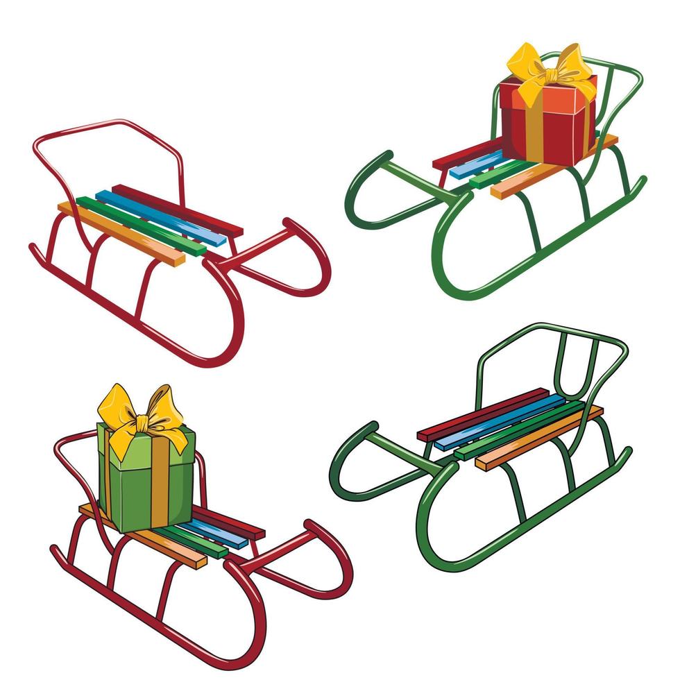 sled vector set, red and green realistic and cartoon sleds with gifts
