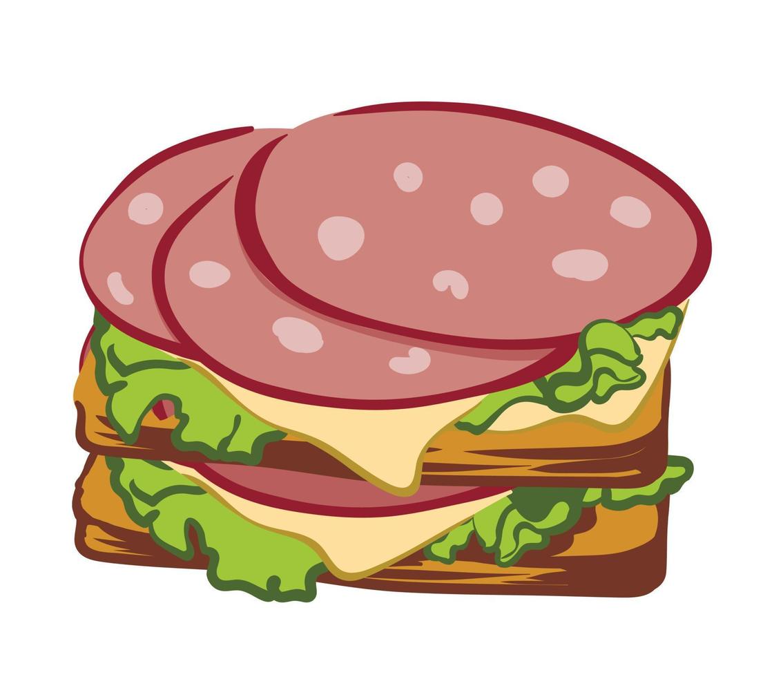 sandwich with sausage, cheese and lettuce, vector illustration