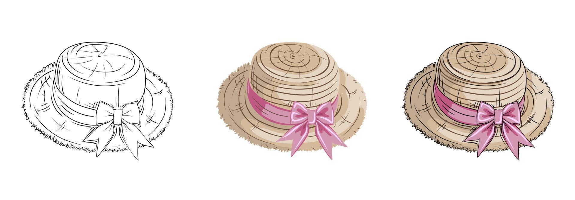 vector set of images of a straw hat with a bow on a transparent background
