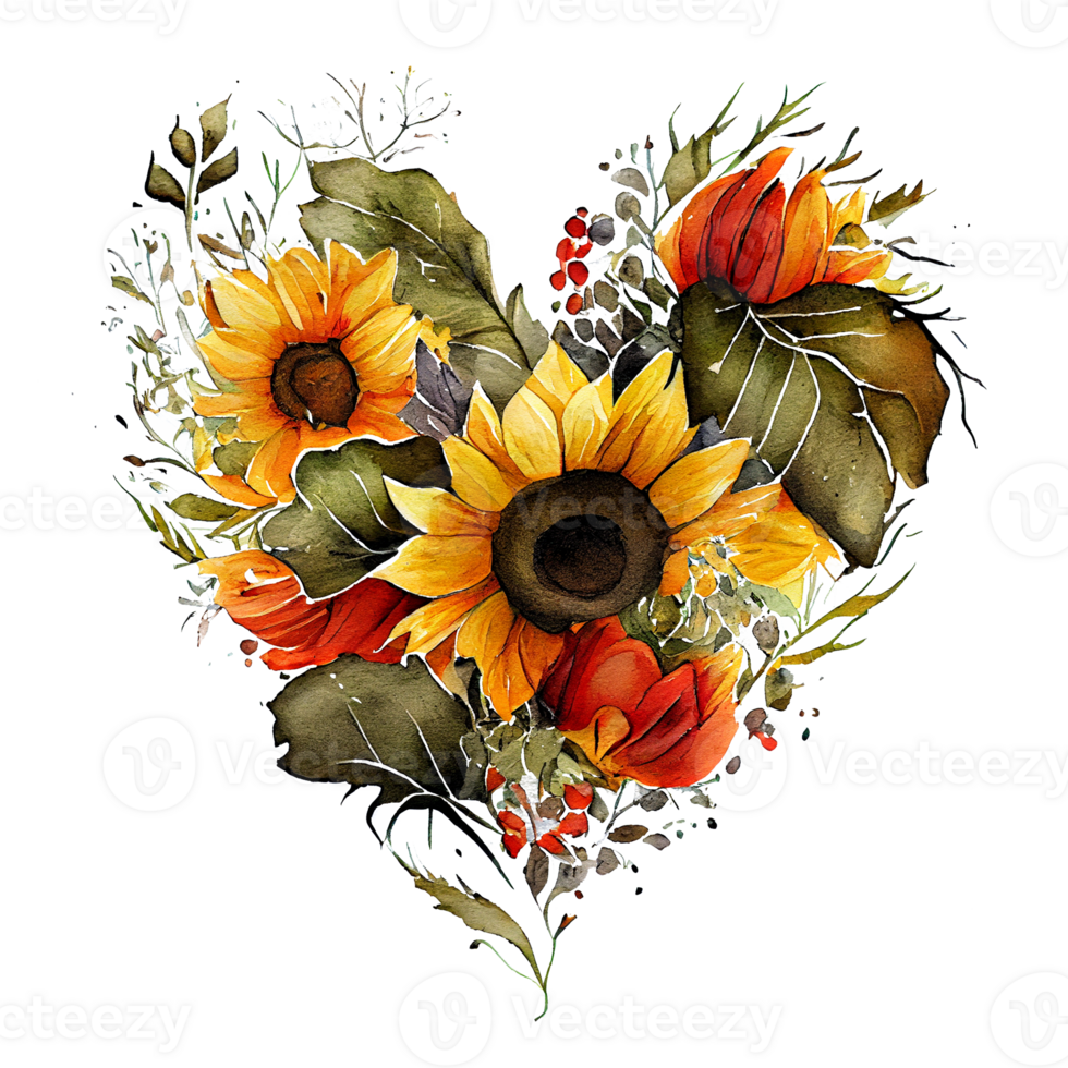hart vormig zonnebloem boeket, romantisch hart vignet gemaakt van wijnoogst bloemen en bladeren van zonnebloem in teder retro stijl waterverf schilderen, PNG transparant achtergrond, generatief ai.