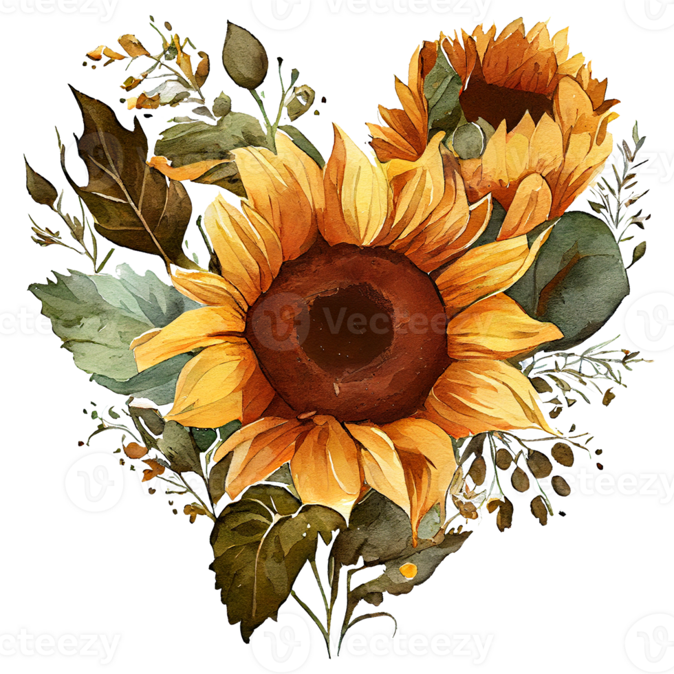 heart shaped Sunflower bouquet, Romantic heart vignette made of vintage flowers and leaves of Sunflower in gentle retro style watercolor painting, PNG transparent background, .