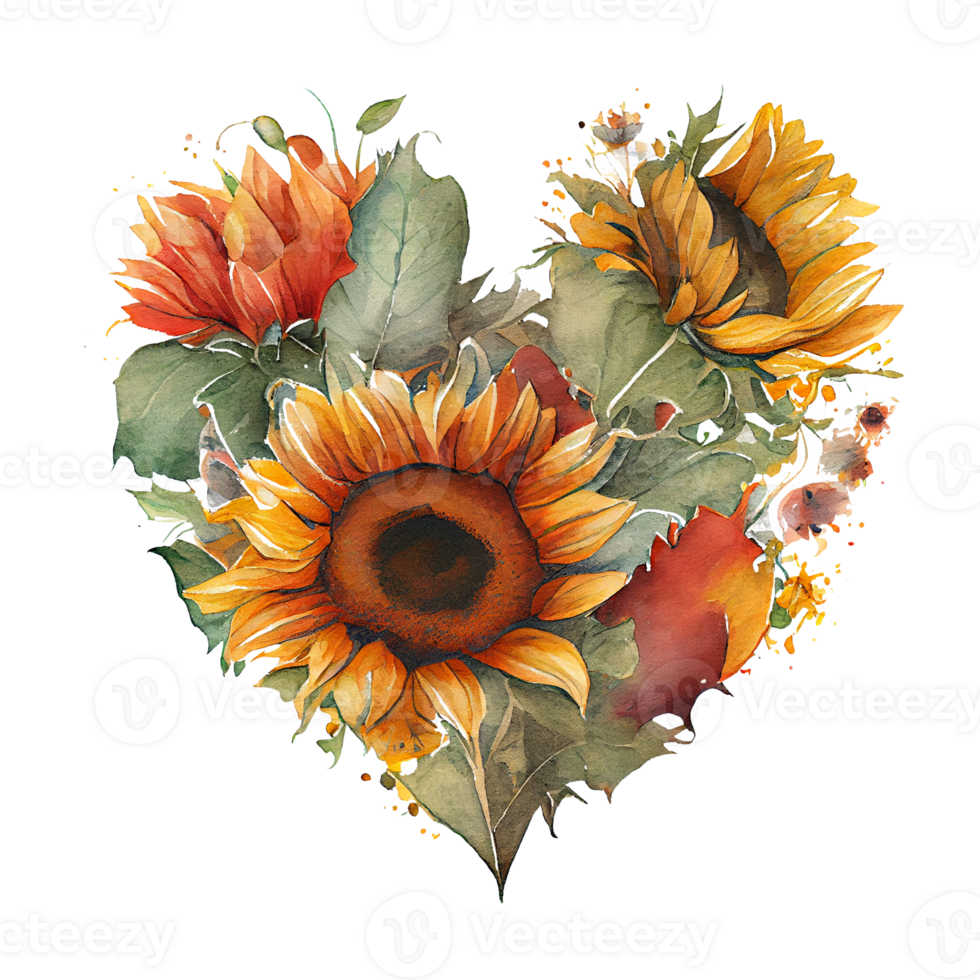 heart shaped Sunflower bouquet, Romantic heart vignette made of vintage flowers and leaves of Sunflower in gentle retro style watercolor painting, PNG transparent background, .